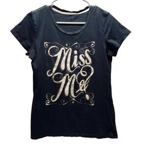 Miss Me Jeans Embellished T-Shirt Women's Large Charcoal Gray Bling Y2K Fitted